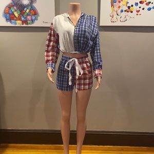 Plaid two piece zip up patchwork short set two piece set co ord set